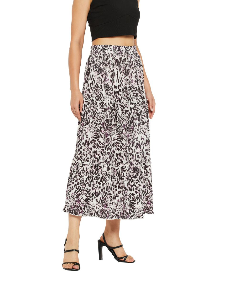 Animal Printed Blackberry Pleated Lycra Skirt For Women