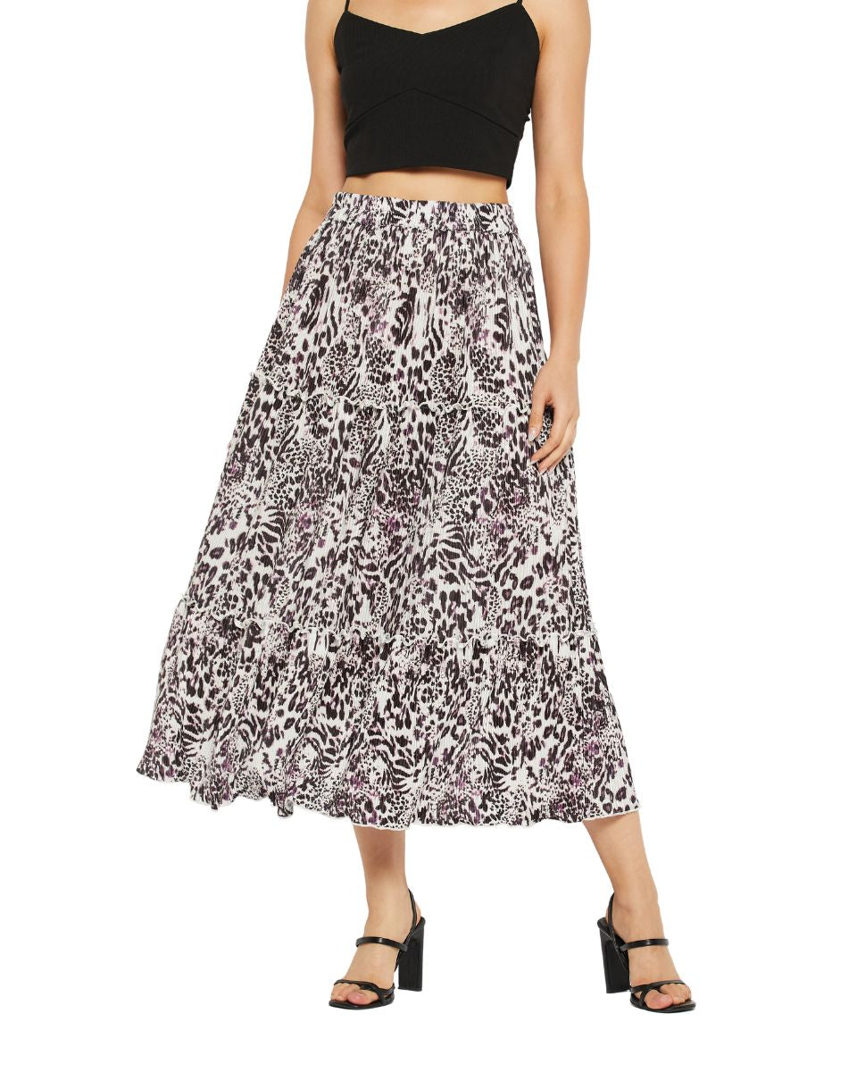 Animal Printed Blackberry Pleated Lycra Skirt For Women