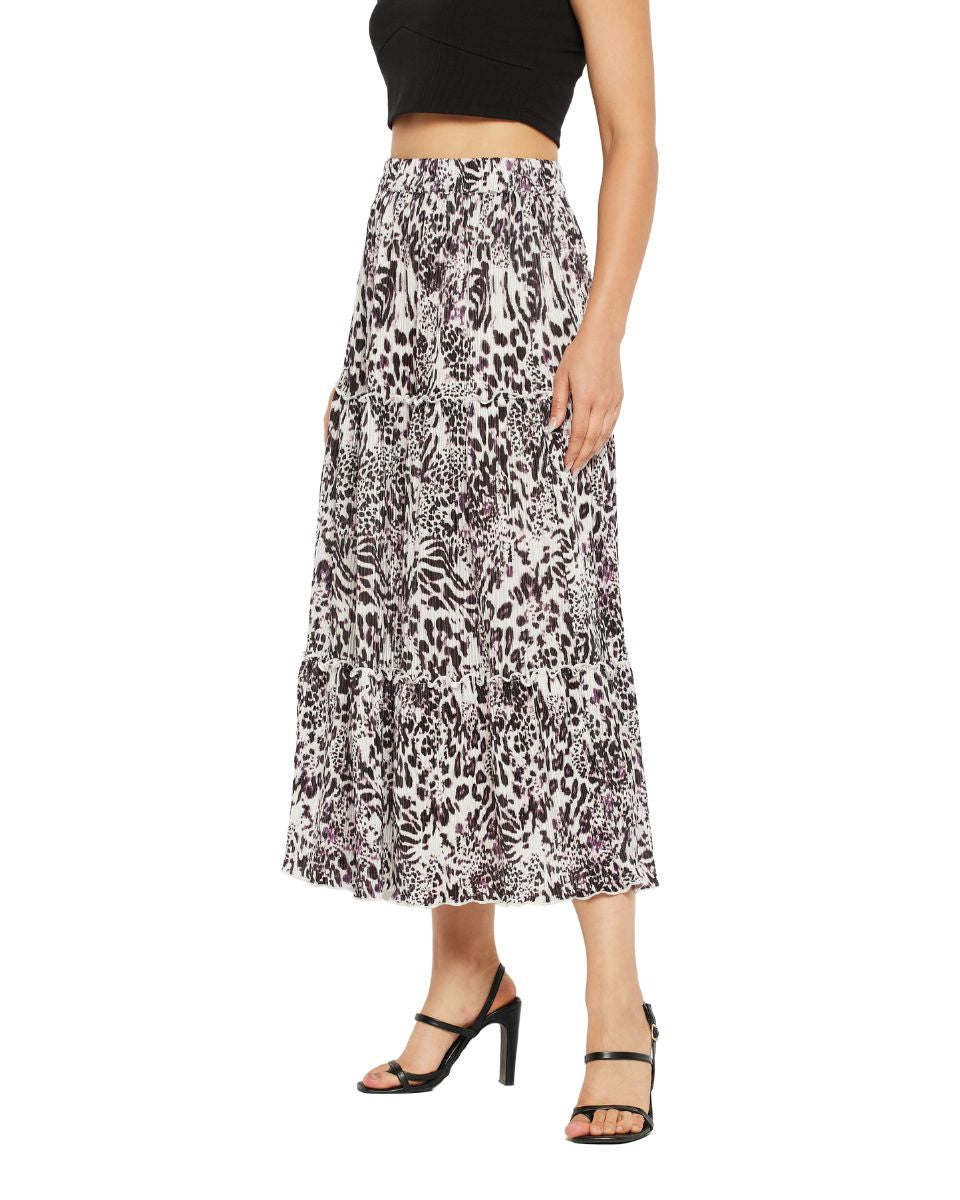 Animal Printed Blackberry Pleated Lycra Skirt For Women