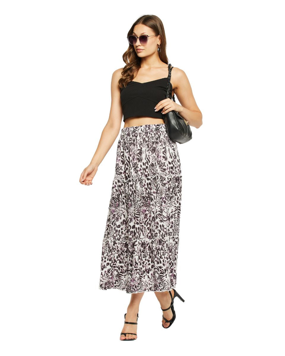 Animal Printed Blackberry Pleated Lycra Skirt For Women