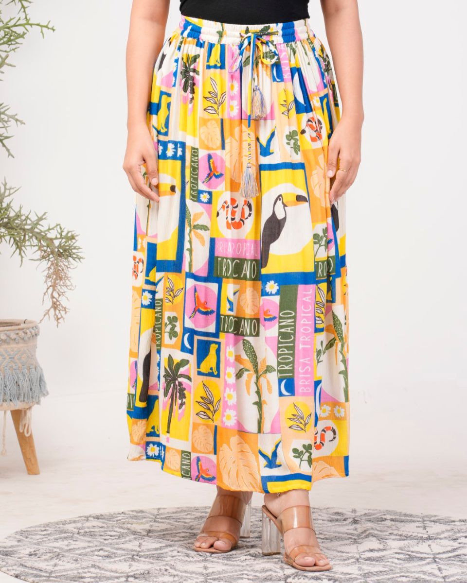 Tropical Printed Multicolor Rayon Crepe A Line Maxi Skirt For Women