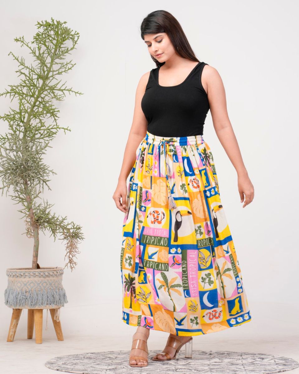 Tropical Printed Multicolor Rayon Crepe A Line Maxi Skirt For Women