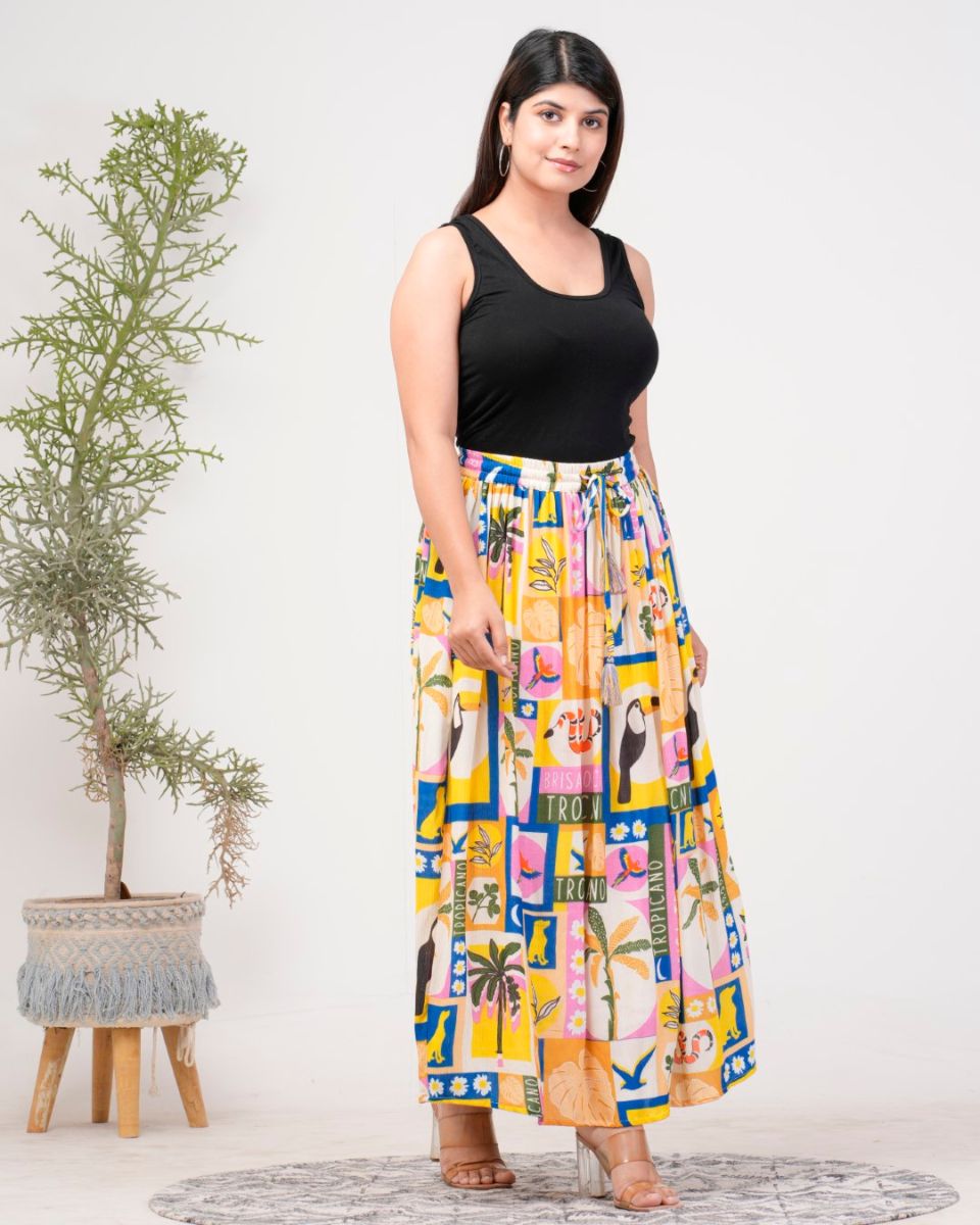Tropical Printed Multicolor Rayon Crepe A Line Maxi Skirt For Women
