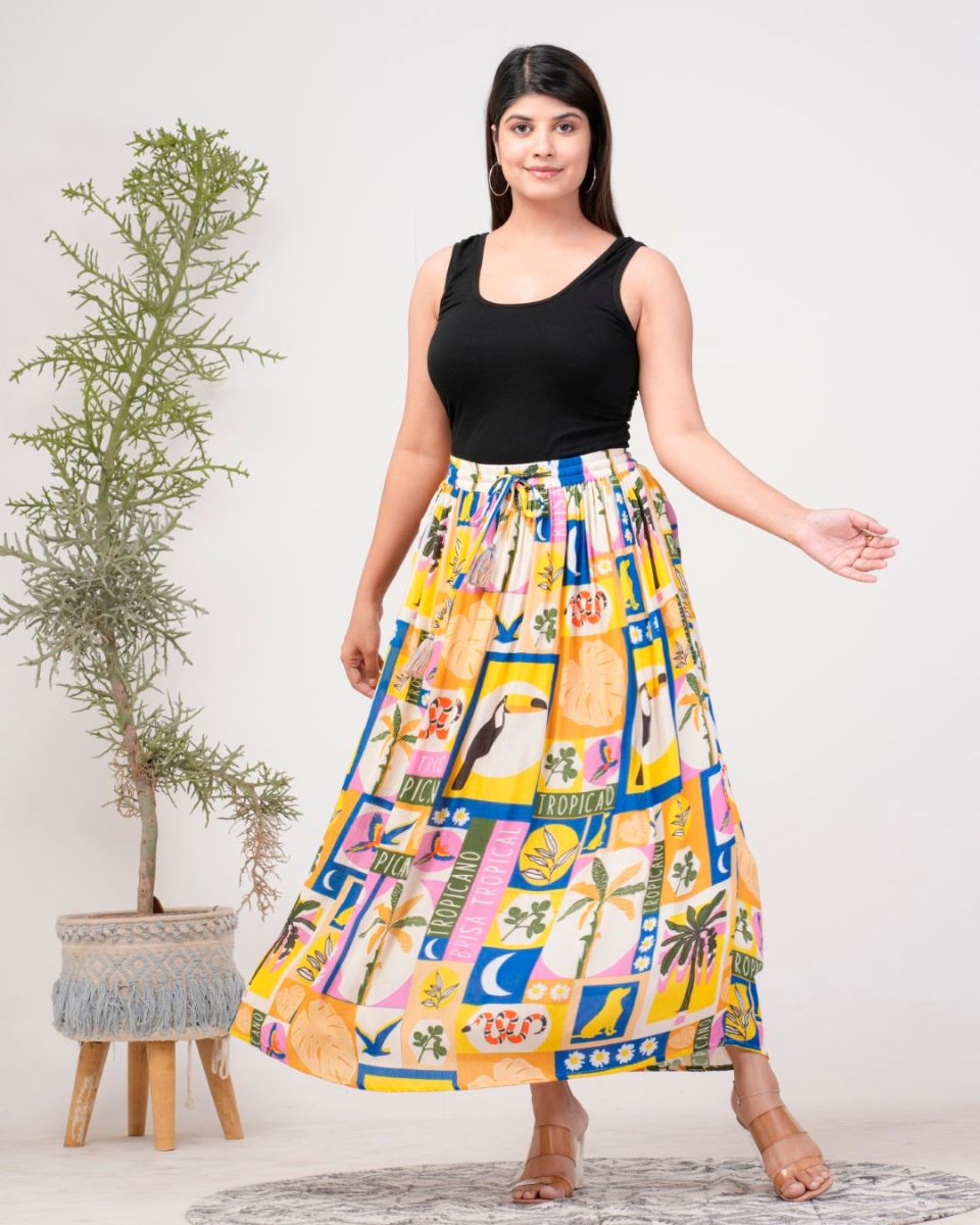 Tropical Printed Multicolor Rayon Crepe A Line Maxi Skirt For Women