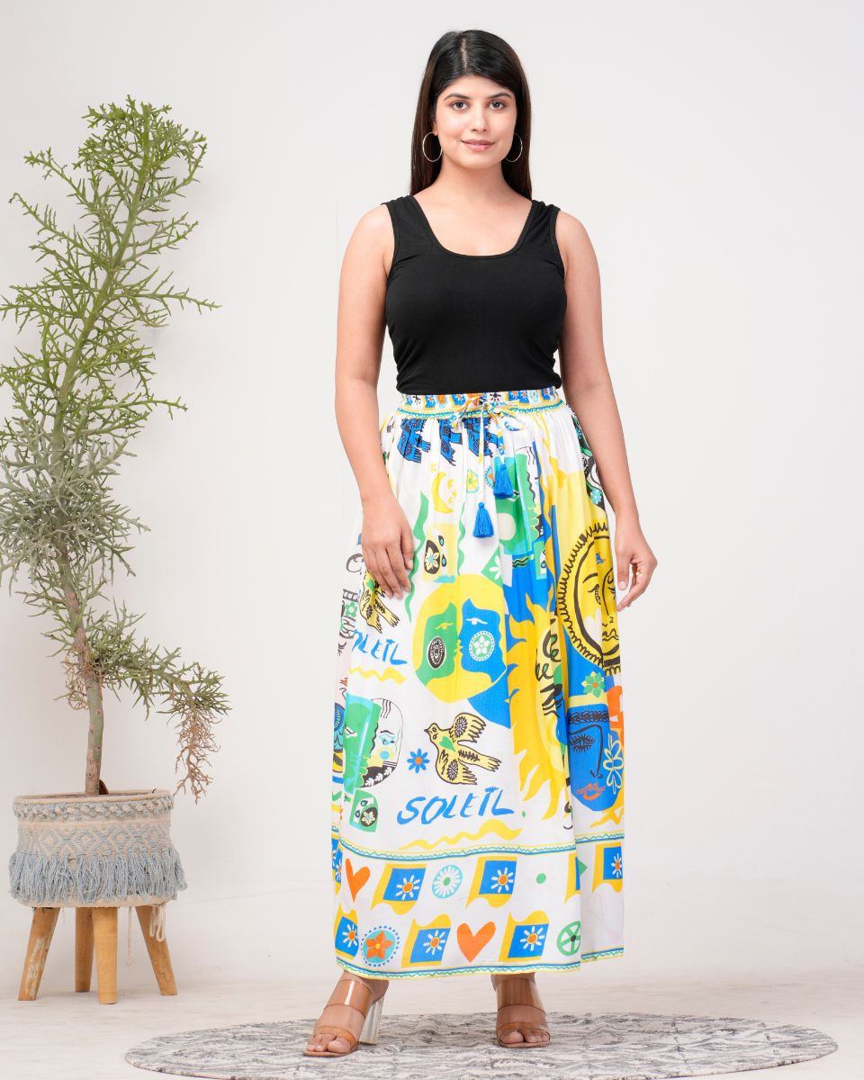 Multicolor Digital Print Rayon Crepe Boho Maxi Skirt For Women
