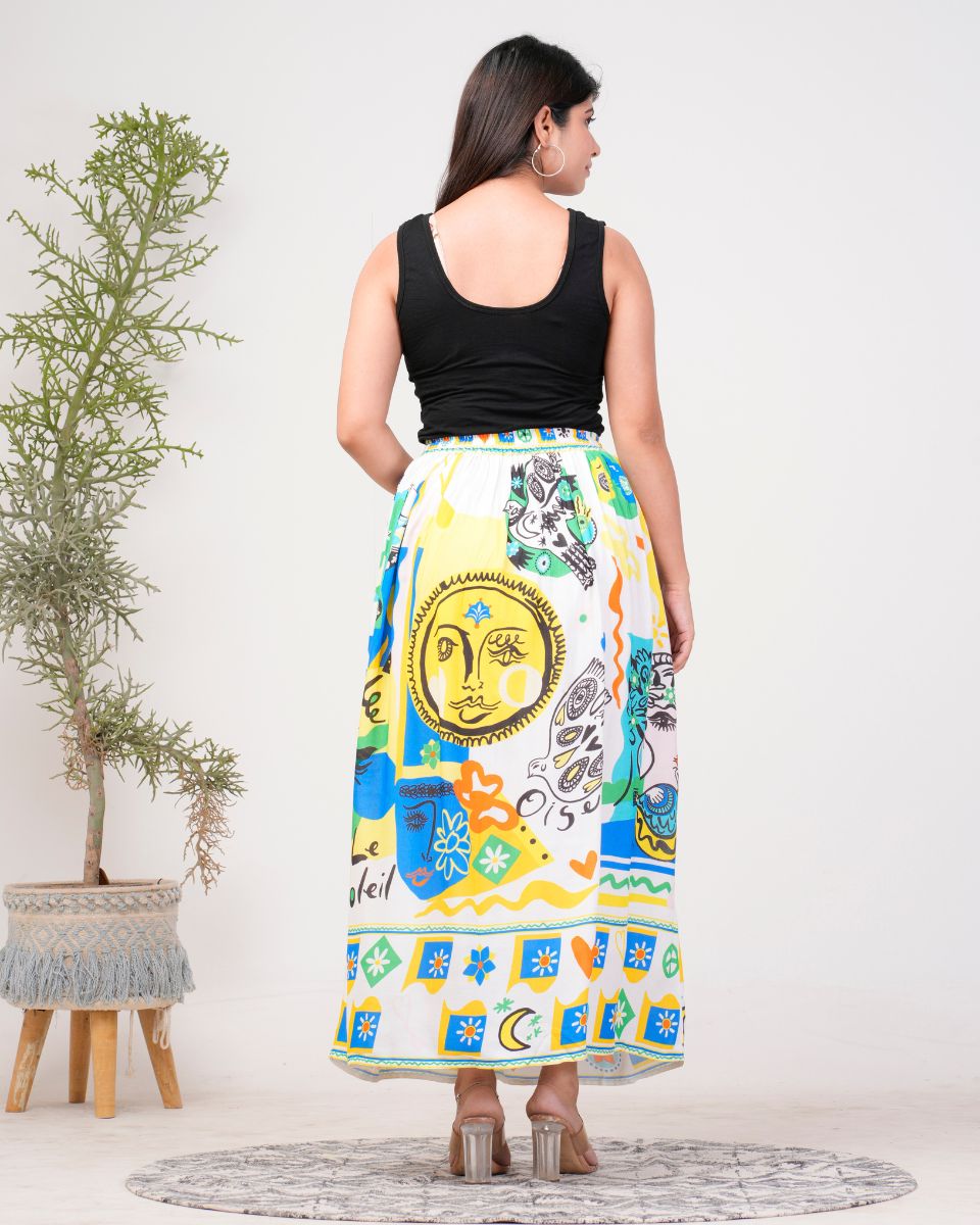 Multicolor Digital Print Rayon Crepe Boho Maxi Skirt For Women