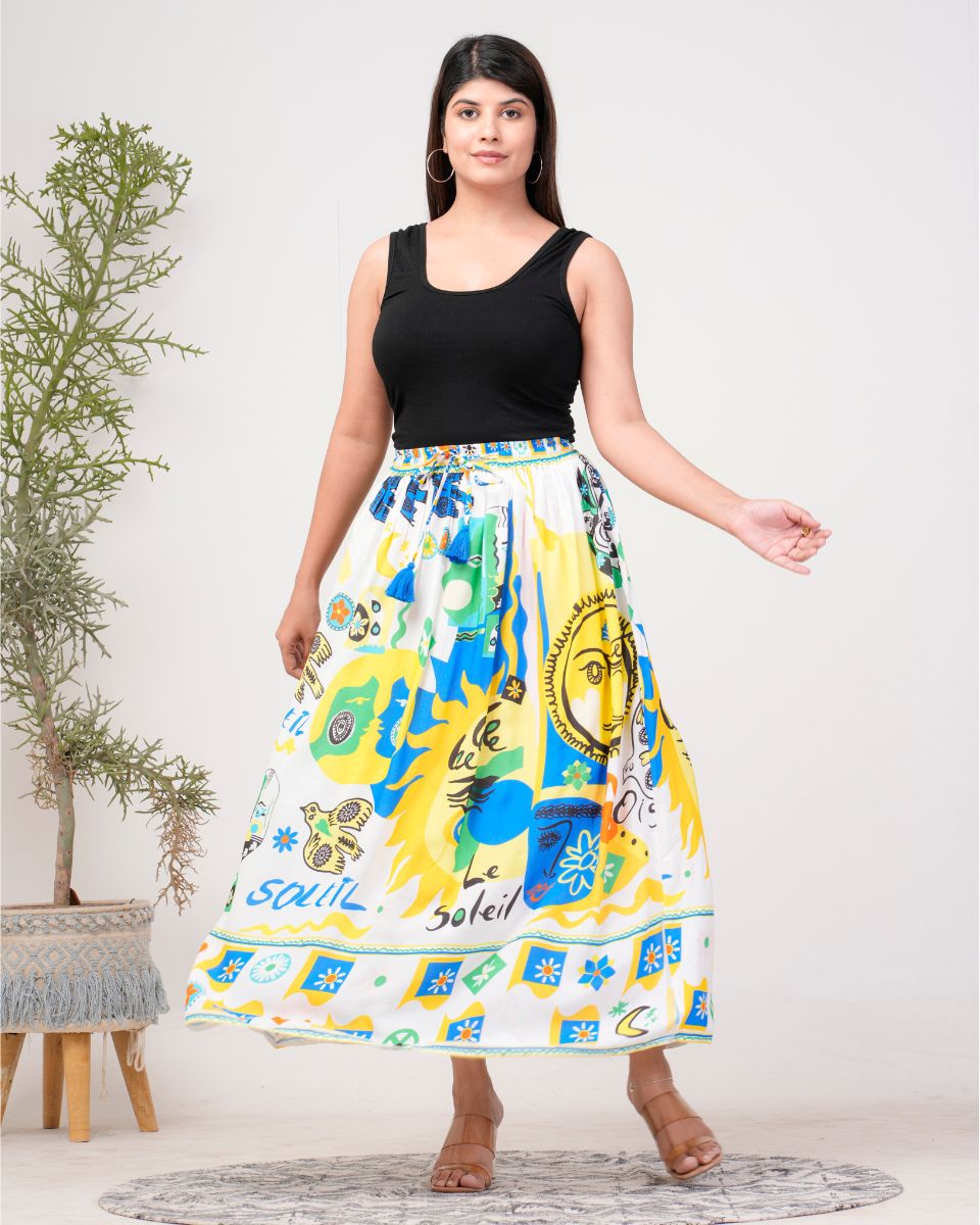 Multicolor Digital Print Rayon Crepe Boho Maxi Skirt For Women