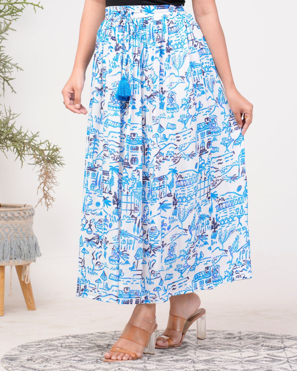 Sky Blue Rayon Crepe  Elastic Waist Long Skirt For Women