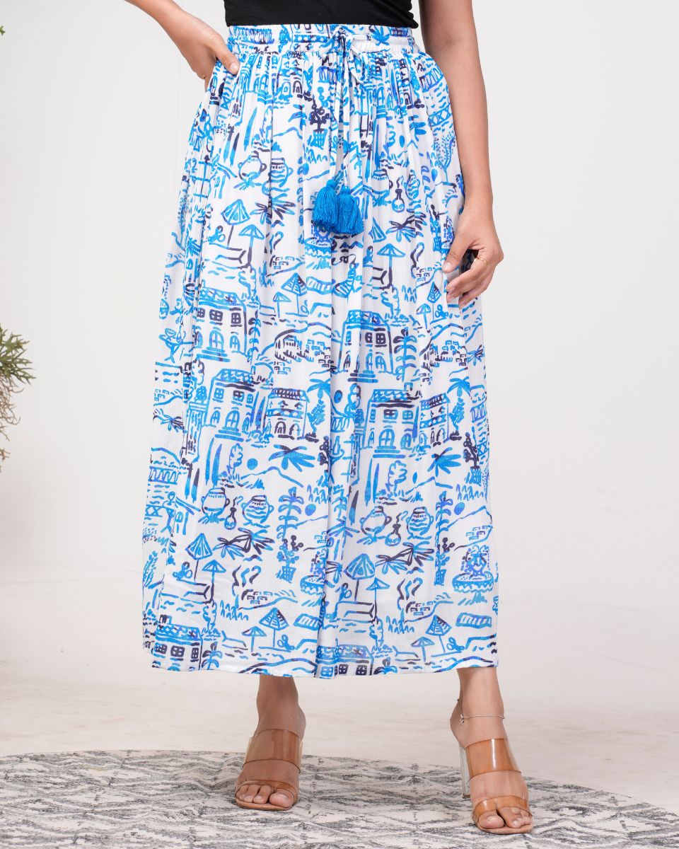 Sky Blue Rayon Crepe  Elastic Waist Long Skirt For Women