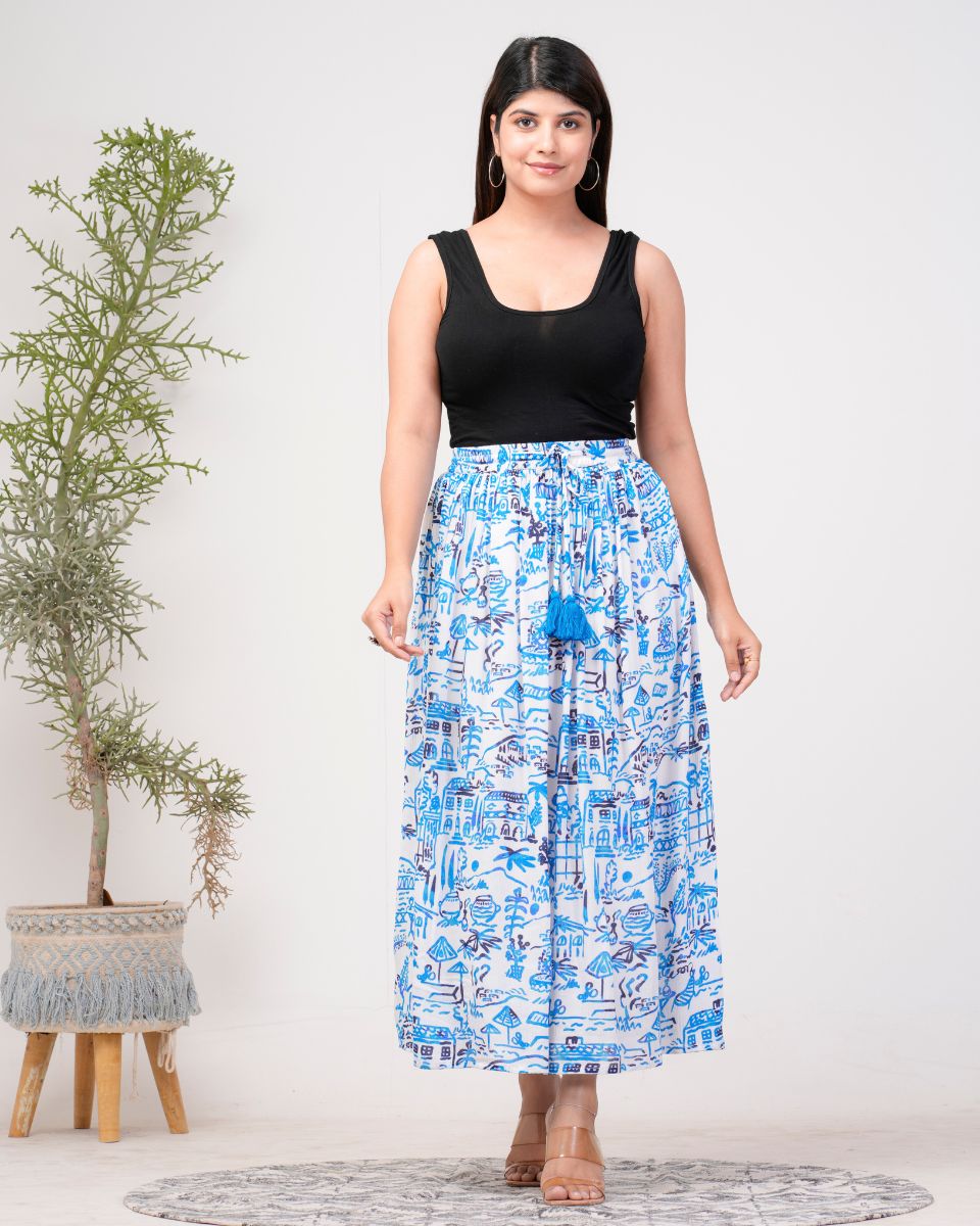 Sky Blue Rayon Crepe  Elastic Waist Long Skirt For Women