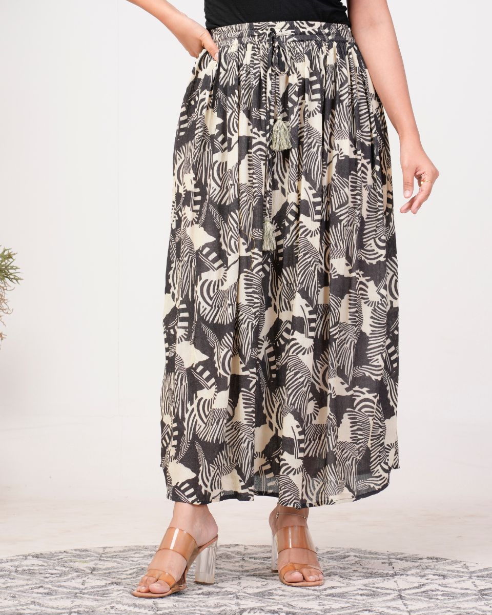 Abstract Black Rayon Elegant Maxi Length Skirt For Women