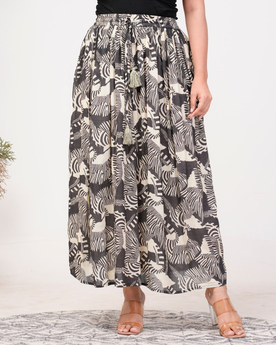 Abstract Black Rayon Elegant Maxi Length Skirt For Women
