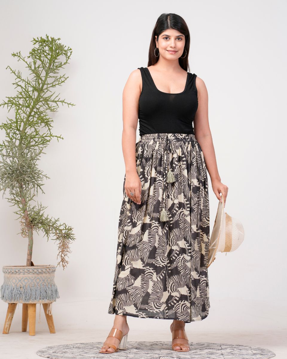 Abstract Black Rayon Elegant Maxi Length Skirt For Women