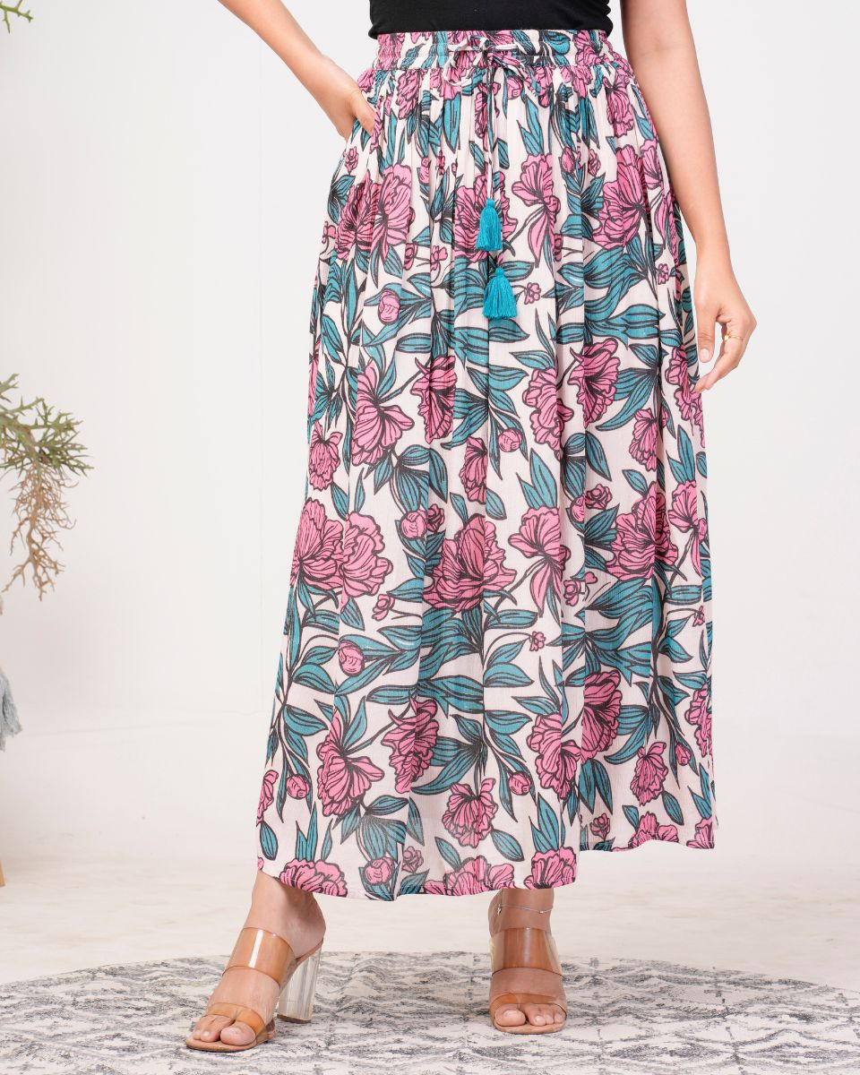 Pink Floral Printed Rayon Evening Party Skirt For Women