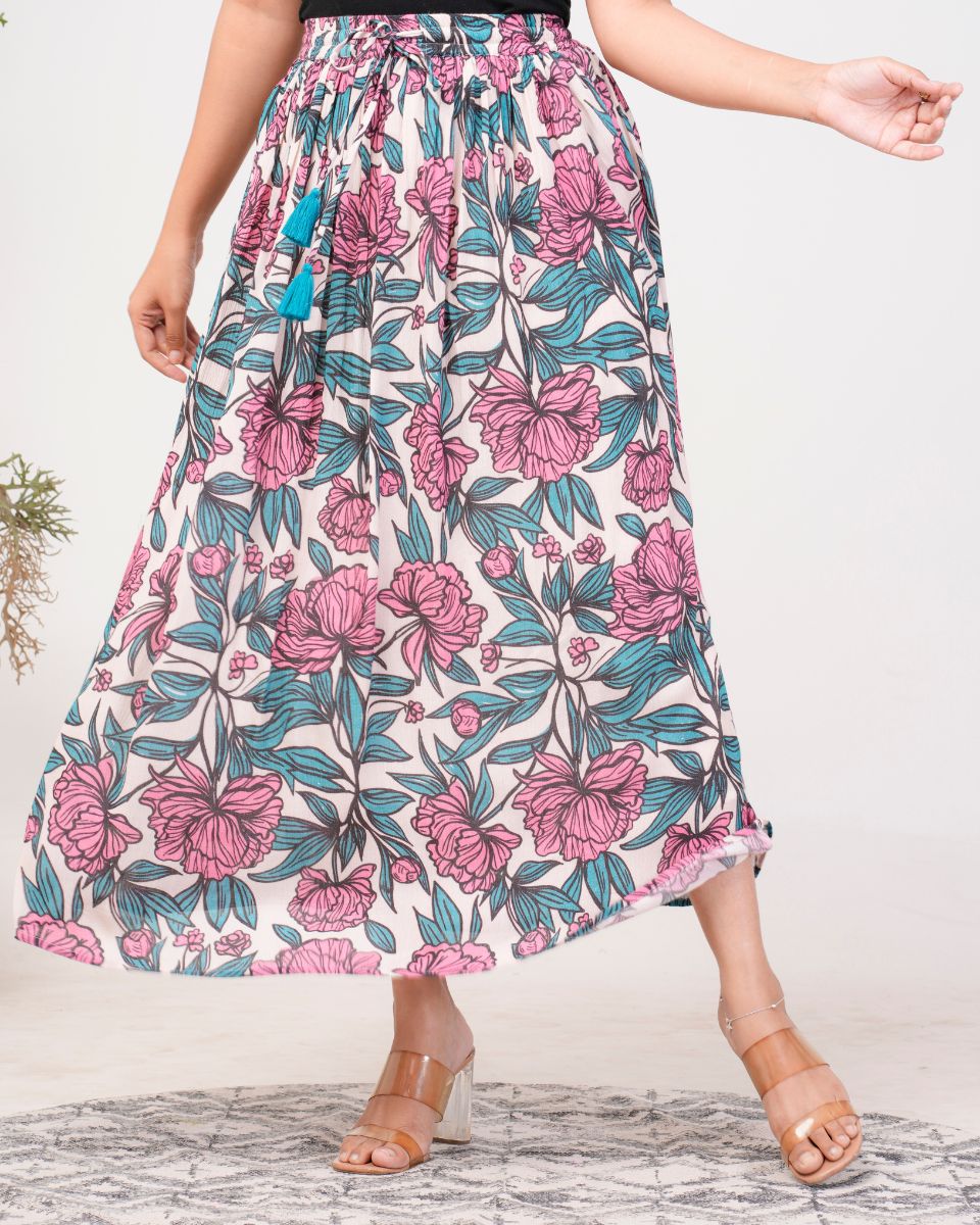 Pink Floral Printed Rayon Evening Party Skirt For Women