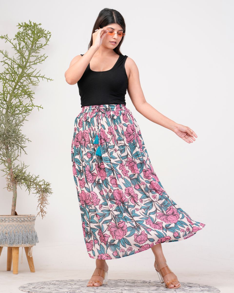 Pink Floral Printed Rayon Evening Party Skirt For Women