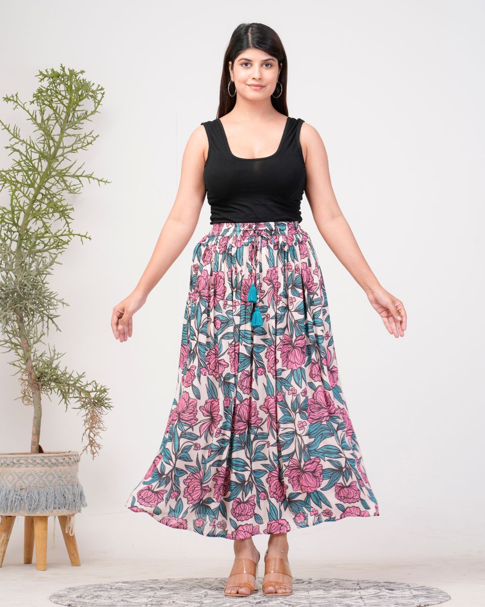 Pink Floral Printed Rayon Evening Party Skirt For Women