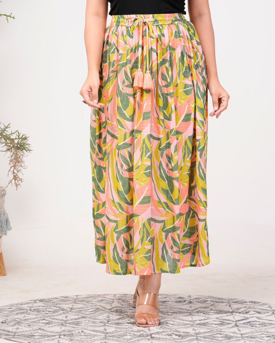 Floral Yellow Rayon Maxi Skirt Evening Wear For Women