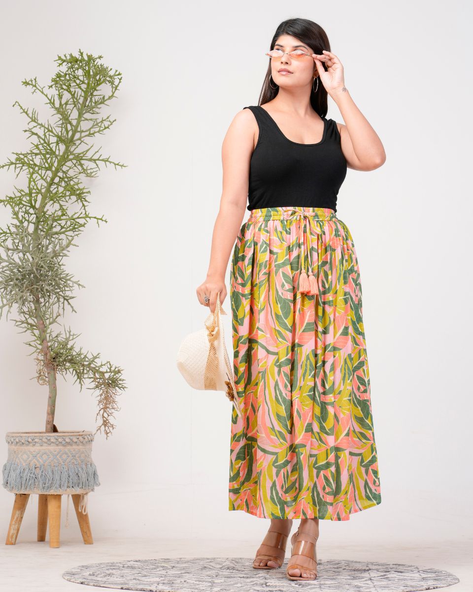 Floral Yellow Rayon Maxi Skirt Evening Wear For Women