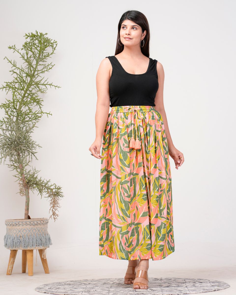 Floral Yellow Rayon Maxi Skirt Evening Wear For Women
