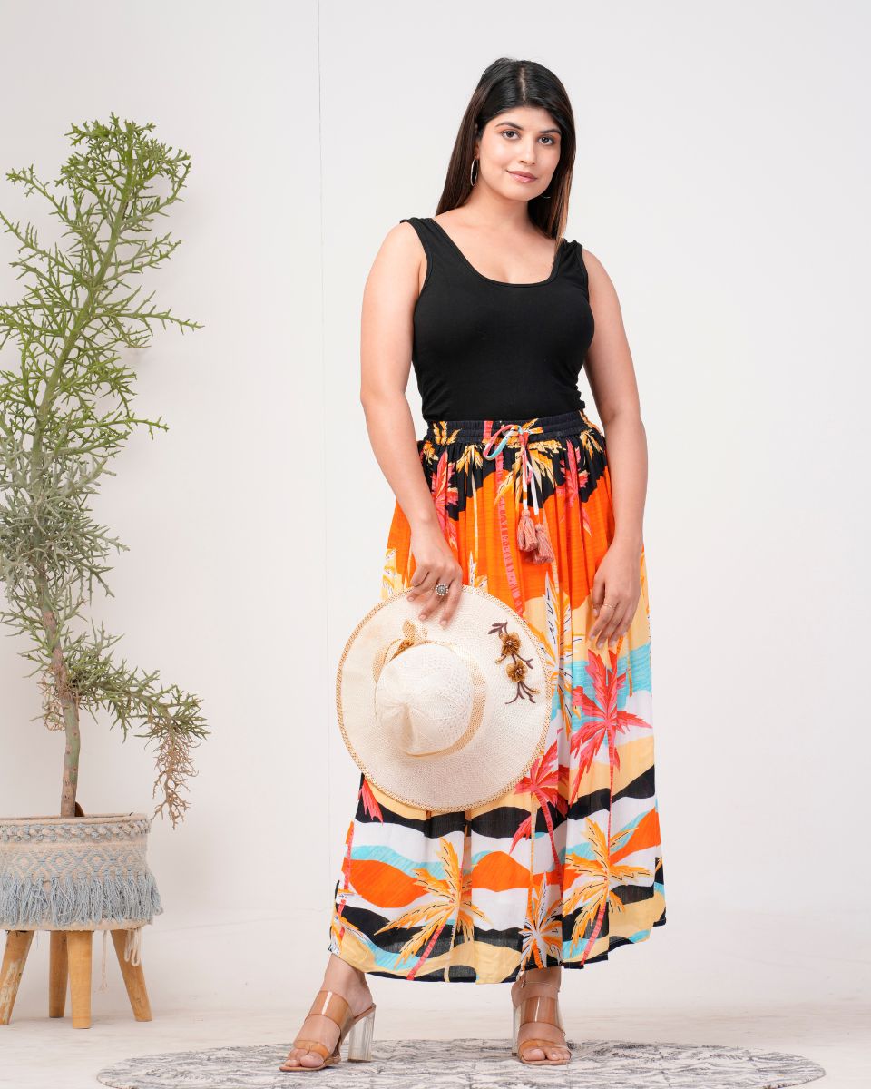 Orange Digital Printed Rayon Beach Maxi Skirt For Women