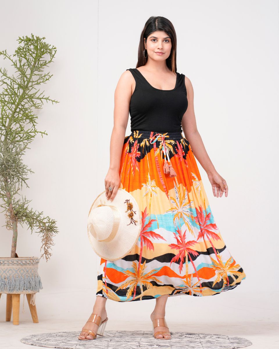 Orange Digital Printed Rayon Beach Maxi Skirt For Women