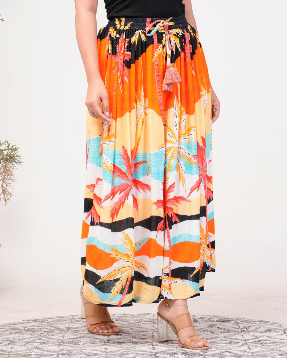 Orange Digital Printed Rayon Beach Maxi Skirt For Women