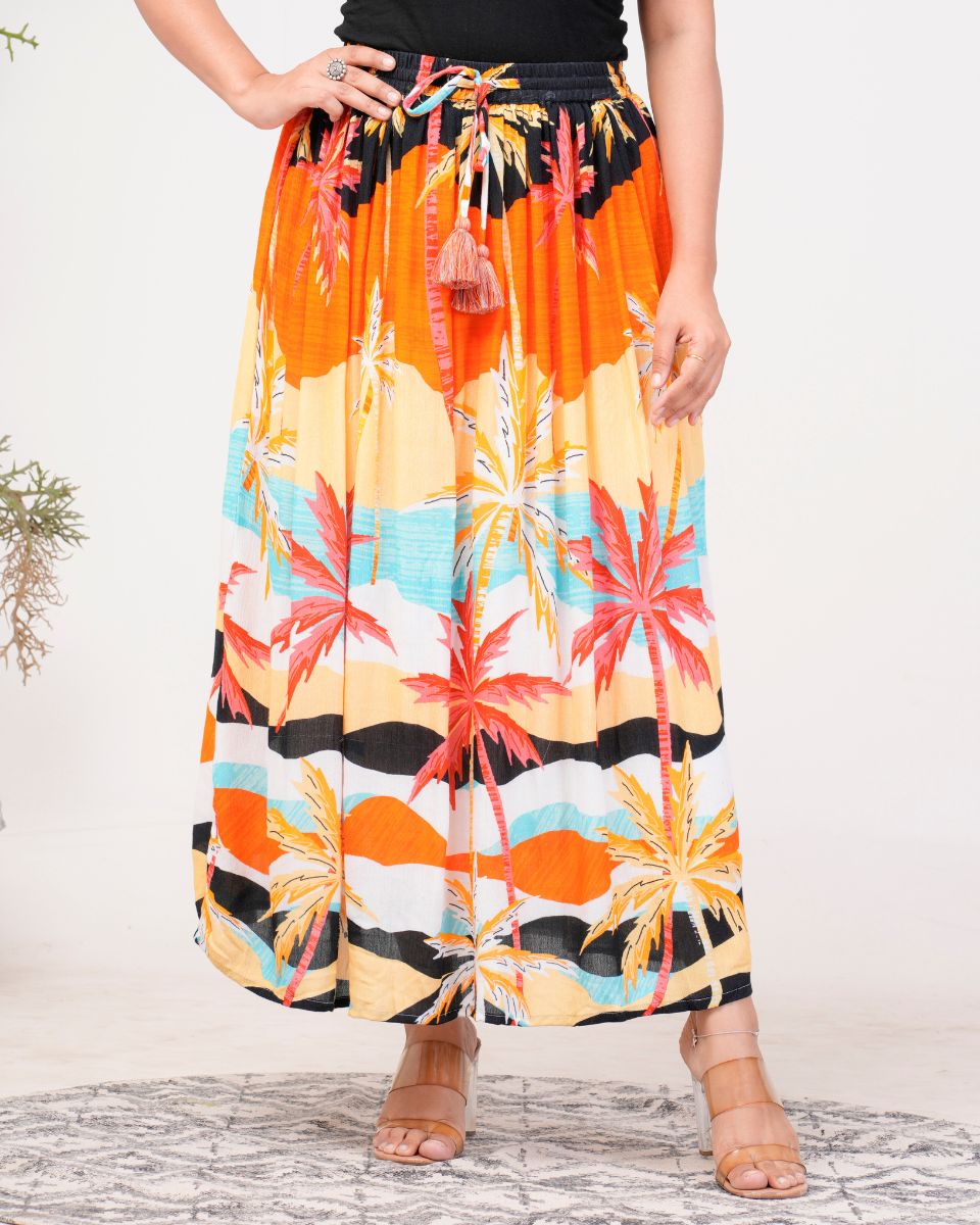 Orange Digital Printed Rayon Beach Maxi Skirt For Women