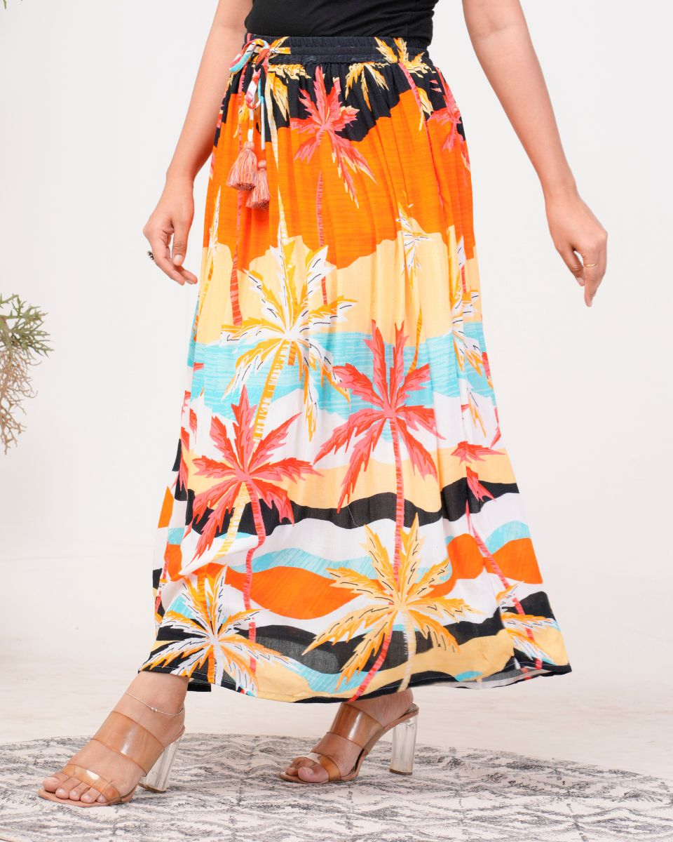 Orange Digital Printed Rayon Beach Maxi Skirt For Women
