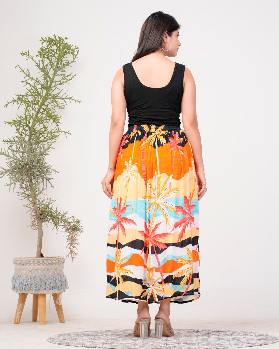 Orange Digital Printed Rayon Beach Maxi Skirt For Women