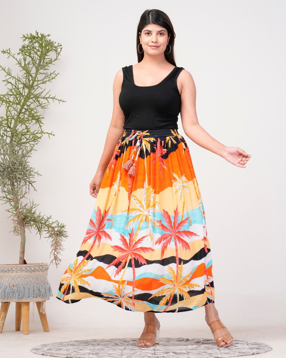 Orange Digital Printed Rayon Beach Maxi Skirt For Women