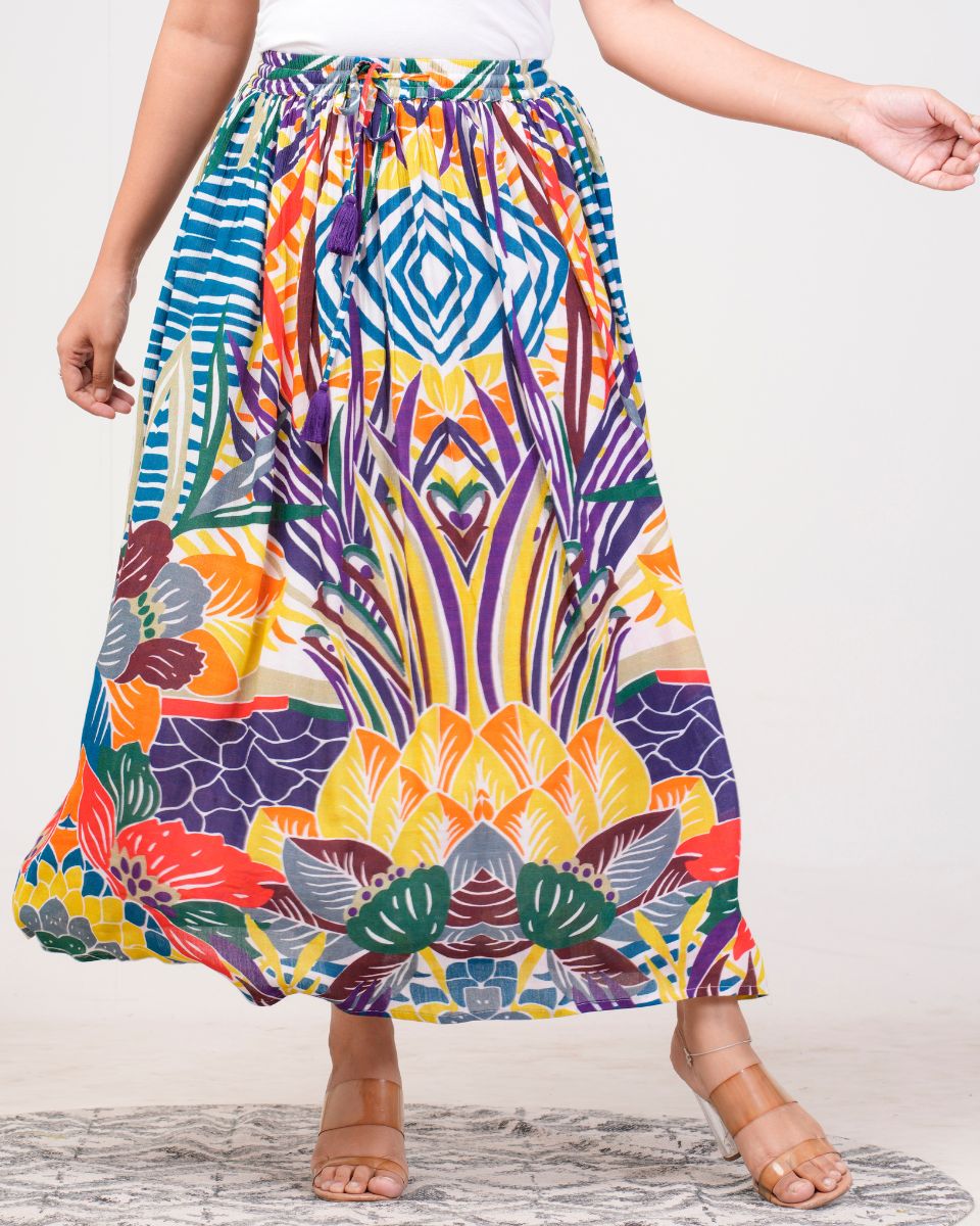 Digital Multicolor Rayon Crepe Elegant Long Skirt For Women