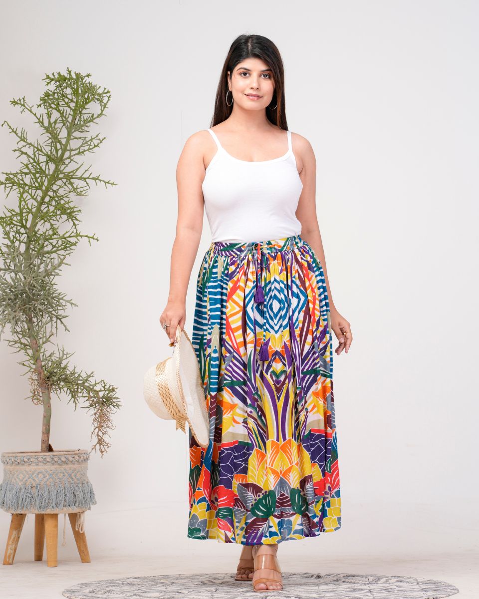 Digital Multicolor Rayon Crepe Elegant Long Skirt For Women