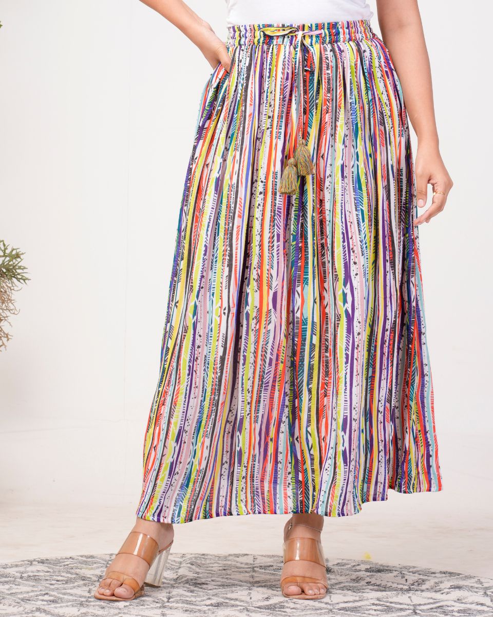 Stripped Multi Rayon Crepe Elastic Waist Maxi Length Skirt For Women