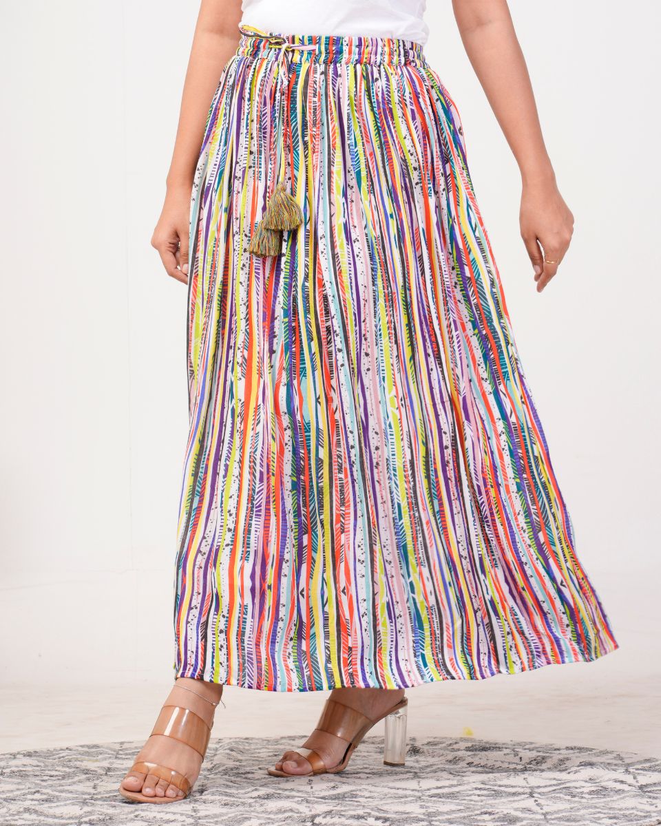 Stripped Multi Rayon Crepe Elastic Waist Maxi Length Skirt For Women