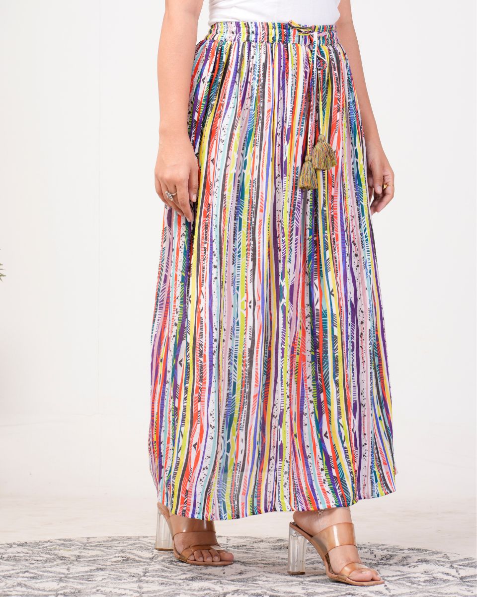 Stripped Multi Rayon Crepe Elastic Waist Maxi Length Skirt For Women