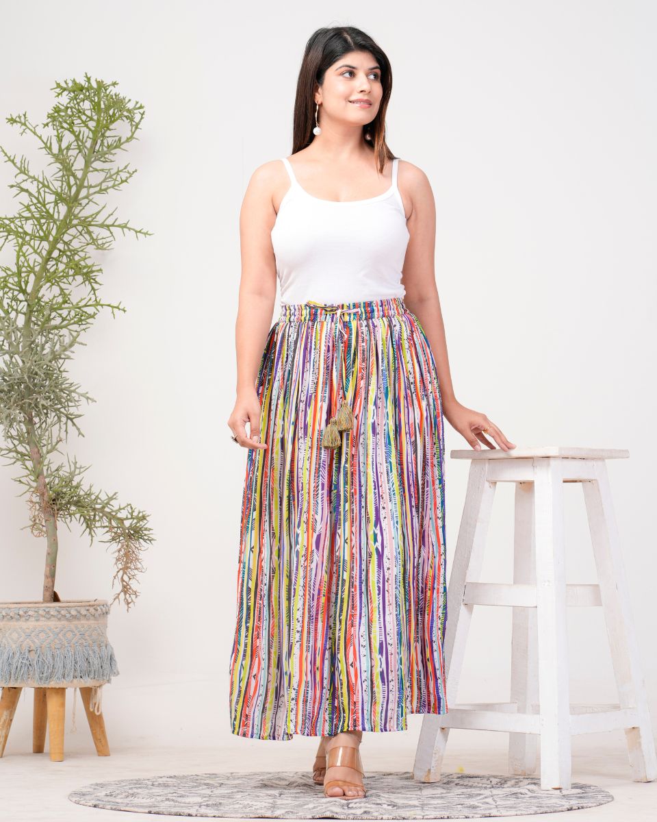 Stripped Multi Rayon Crepe Elastic Waist Maxi Length Skirt For Women