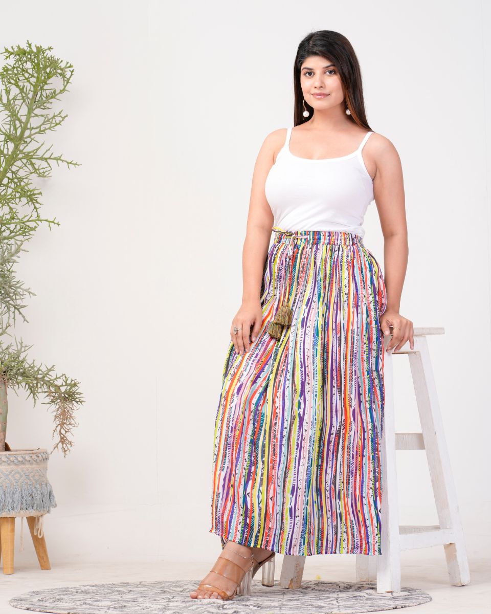 Stripped Multi Rayon Crepe Elastic Waist Maxi Length Skirt For Women