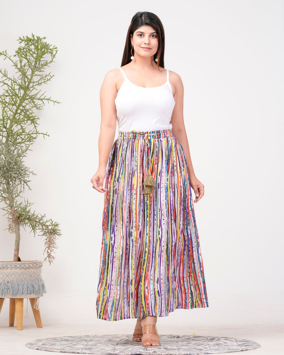 Stripped Multi Rayon Crepe Elastic Waist Maxi Length Skirt For Women