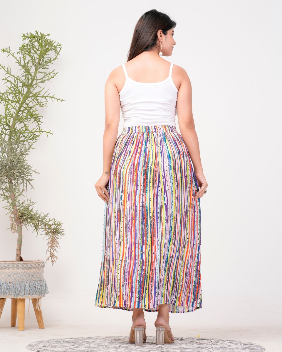 Stripped Multi Rayon Crepe Elastic Waist Maxi Length Skirt For Women