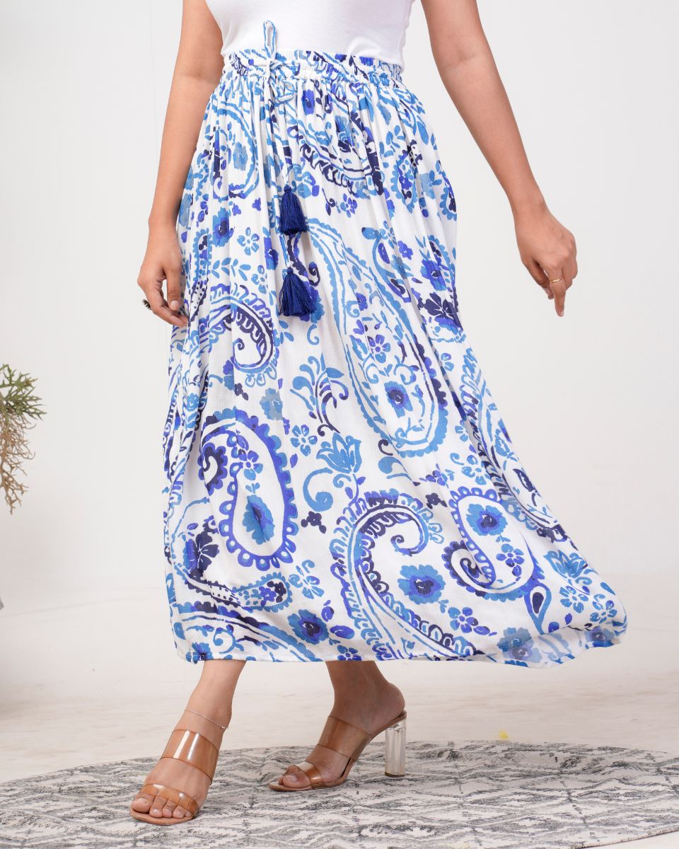 Paisley Sky Blue Rayon Crepe High Waist Skirt For Women