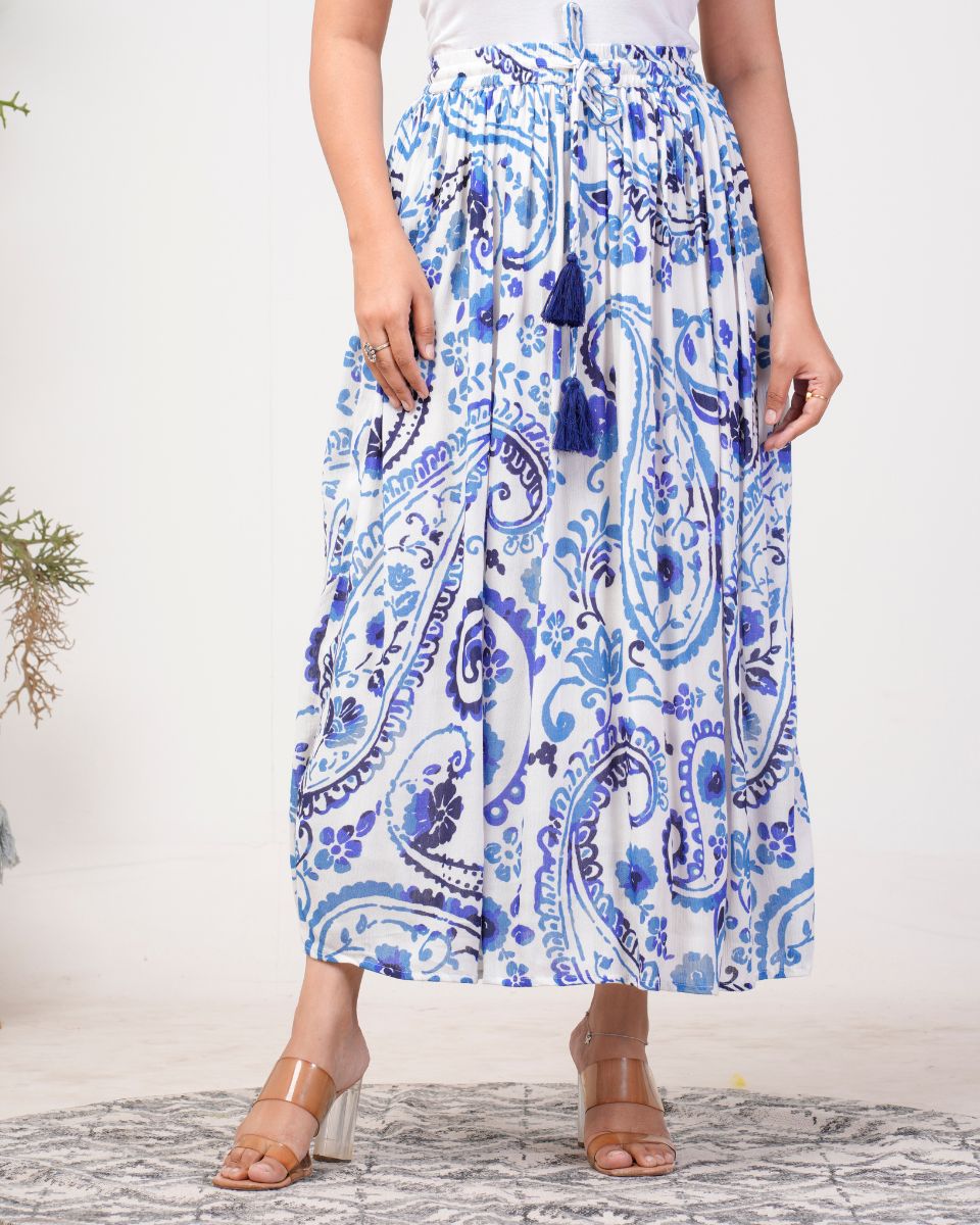 Paisley Sky Blue Rayon Crepe High Waist Skirt For Women