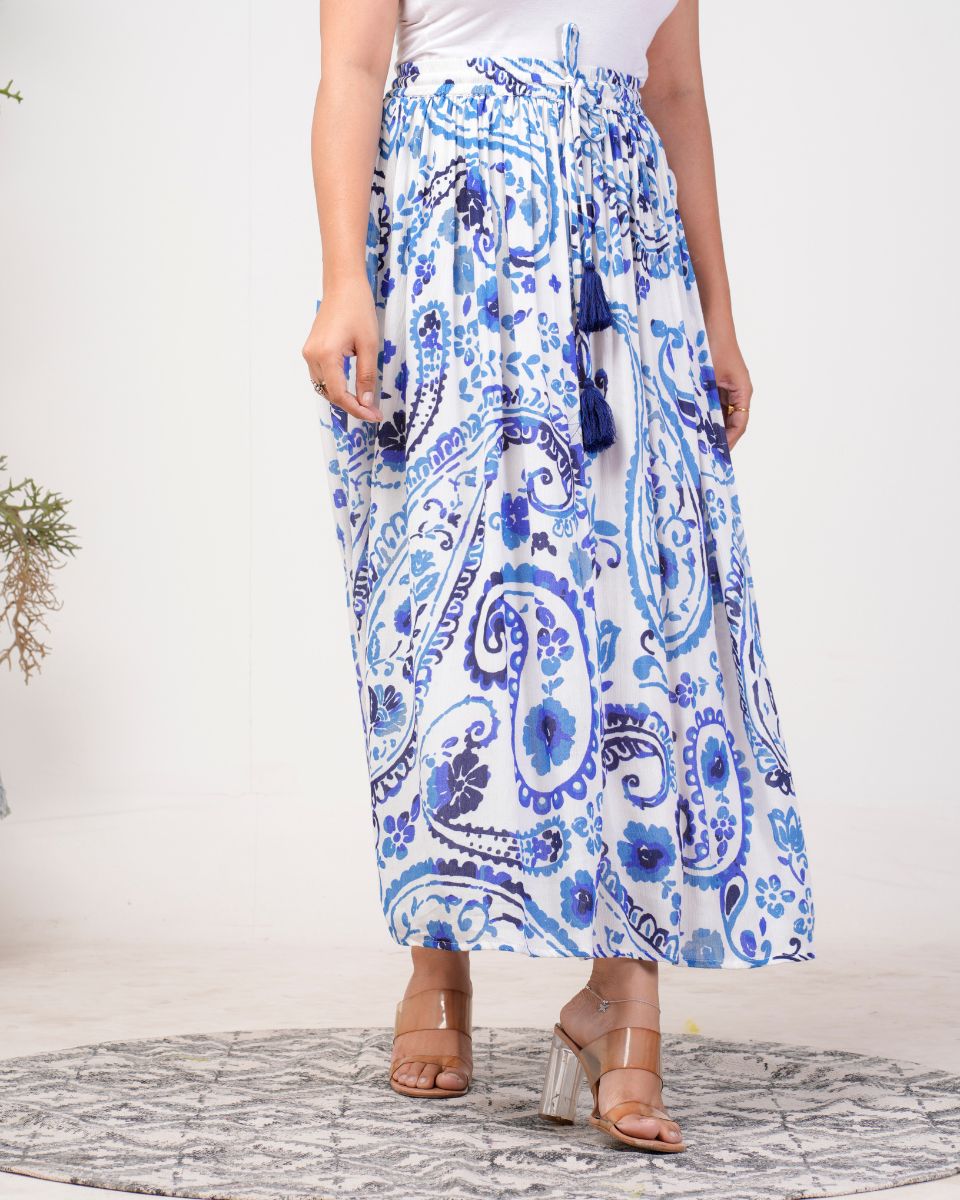 Paisley Sky Blue Rayon Crepe High Waist Skirt For Women