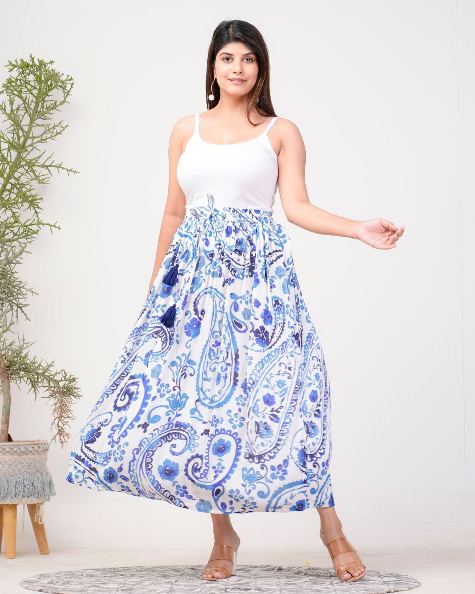 Paisley Sky Blue Rayon Crepe High Waist Skirt For Women