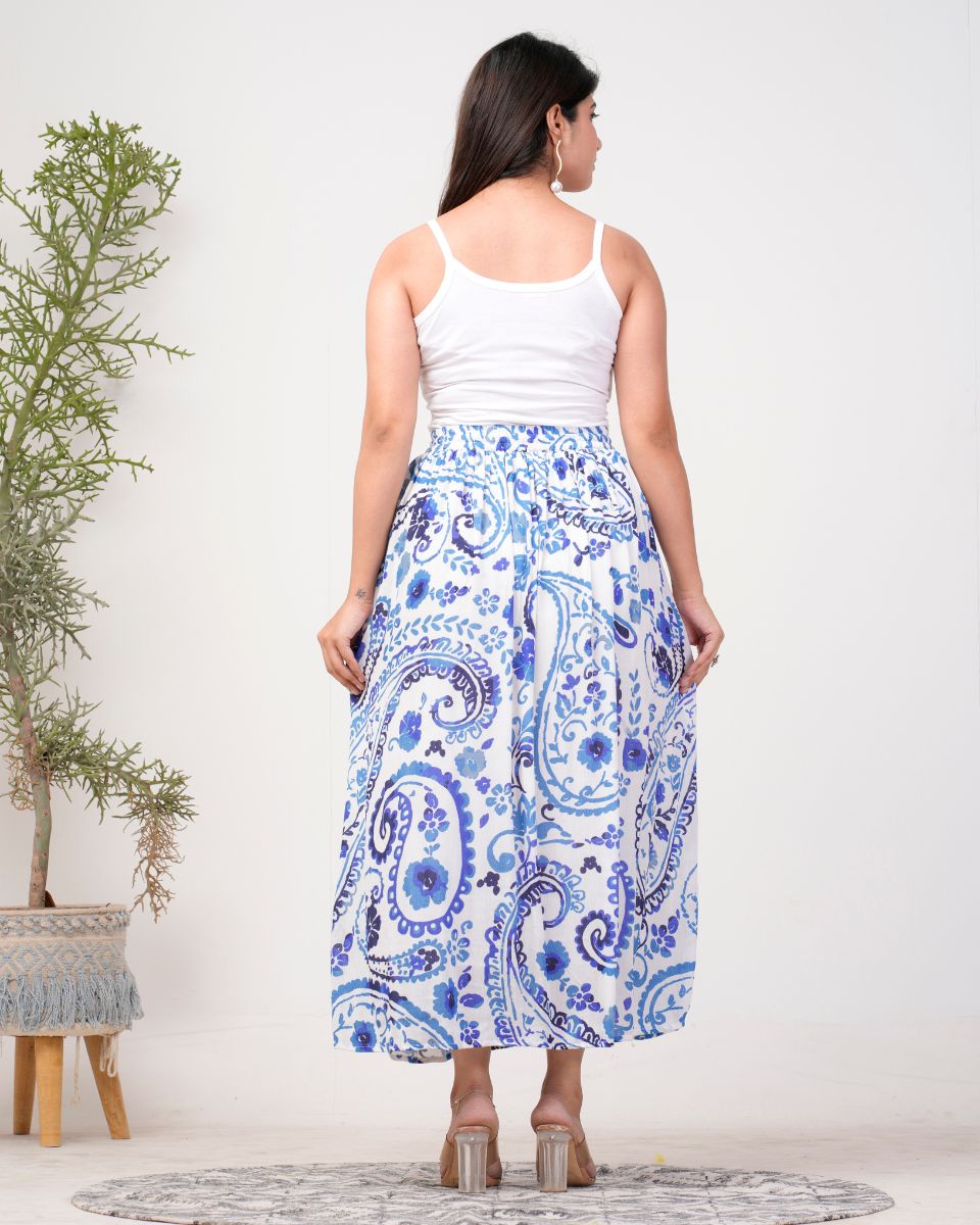 Paisley Sky Blue Rayon Crepe High Waist Skirt For Women