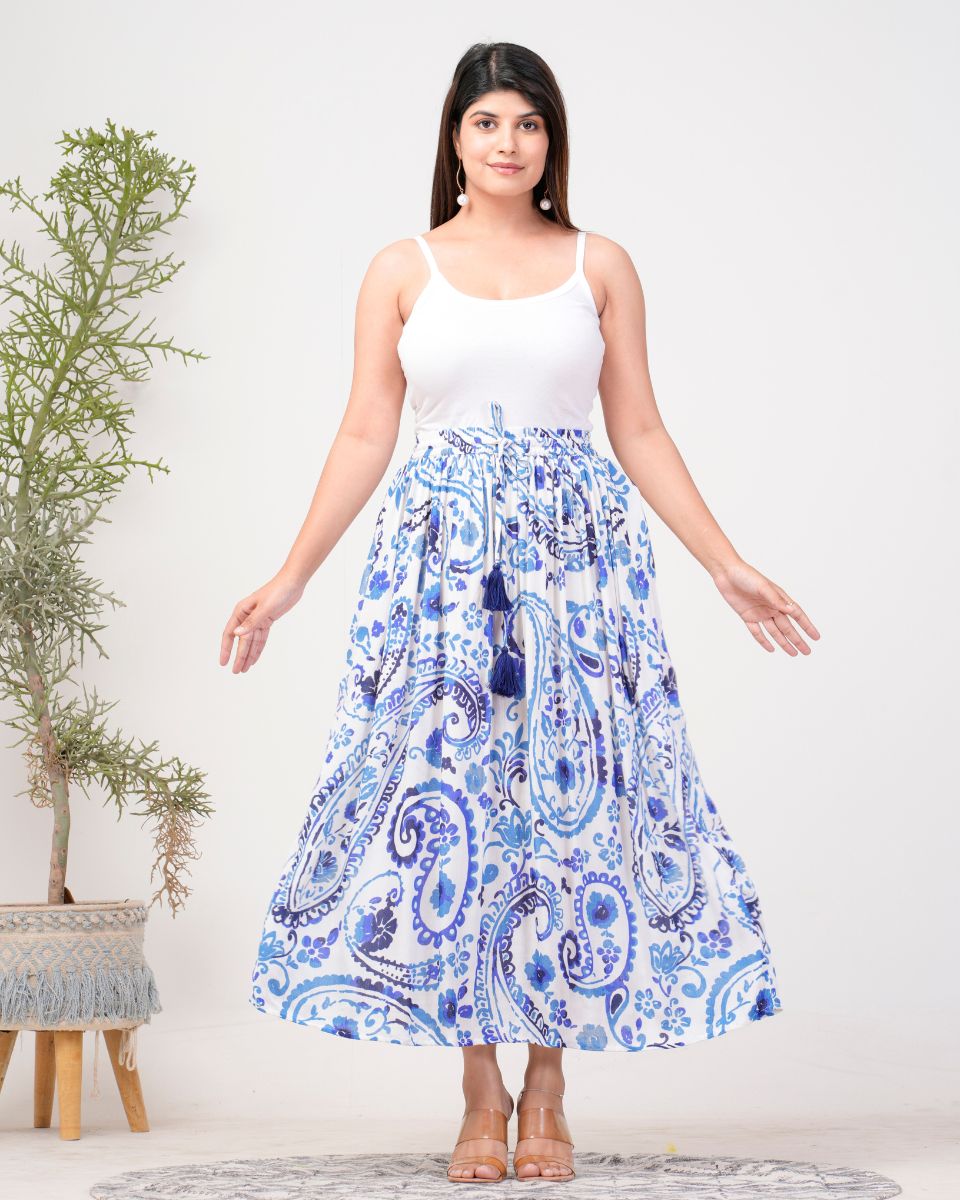 Paisley Sky Blue Rayon Crepe High Waist Skirt For Women