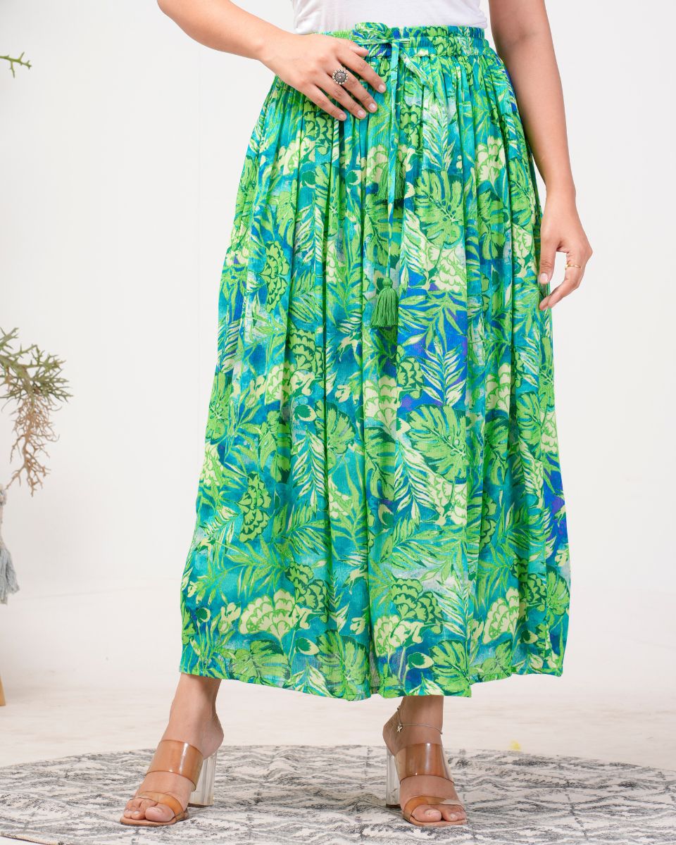 Leaf Print Green And Blue Rayon Crepe Floral Skirt For Women