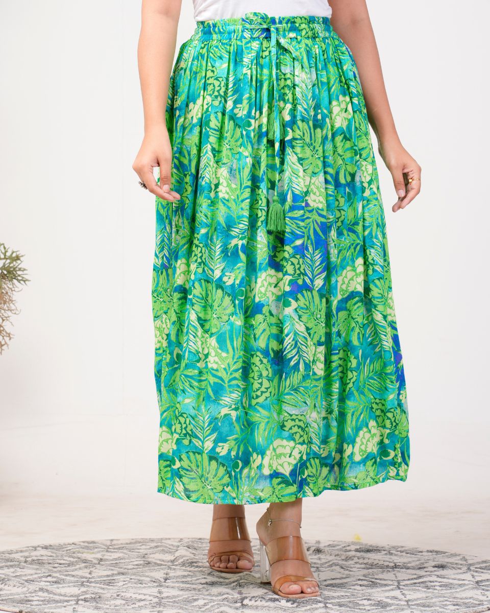 Leaf Print Green And Blue Rayon Crepe Floral Skirt For Women