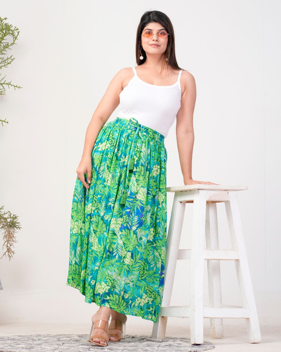 Leaf Print Green And Blue Rayon Crepe Floral Skirt For Women