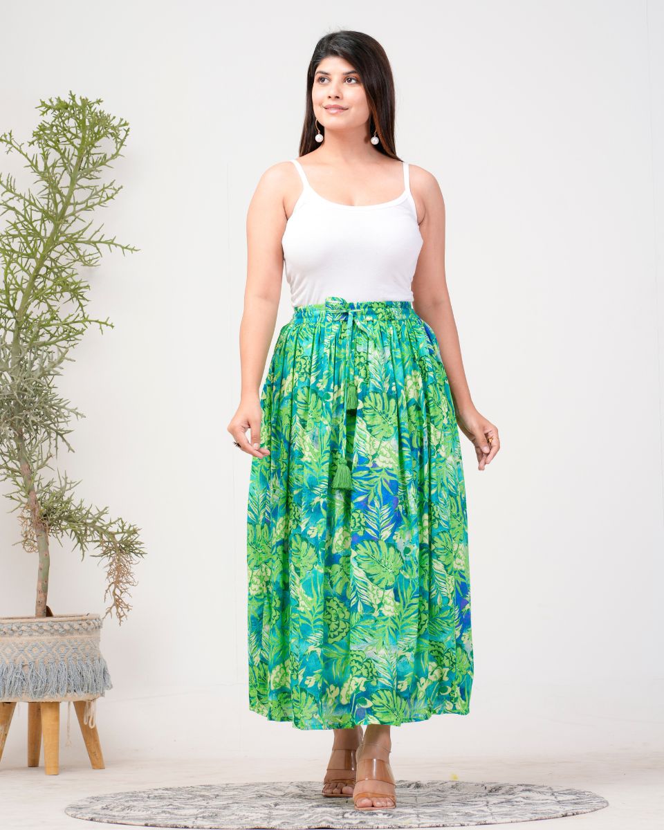 Leaf Print Green And Blue Rayon Crepe Floral Skirt For Women